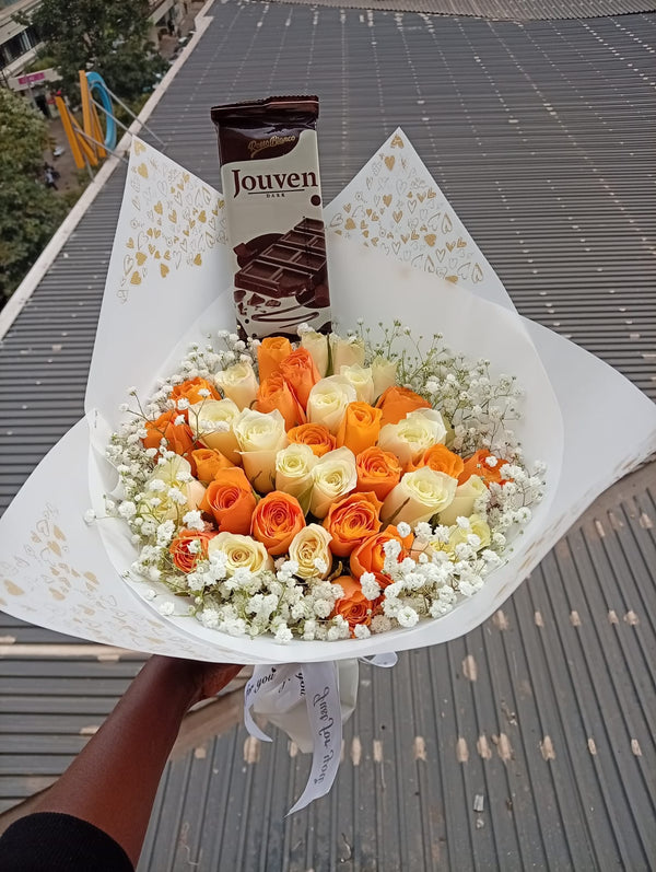 ORANGE & WHITE ROSES WITH CHOCOLATE