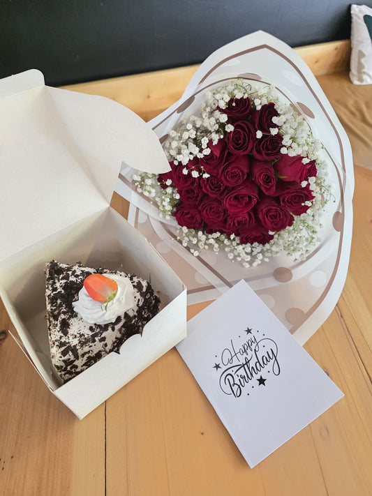 CAKE SLICE & RED ROSES